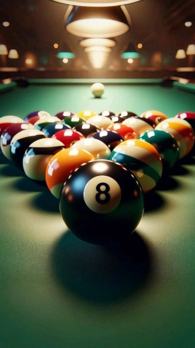 Black ball in front of a racked set in a lounge